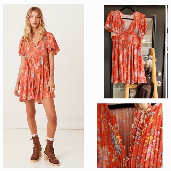 Spell Dresses & Skirts - Floral Red Dress with Button Details